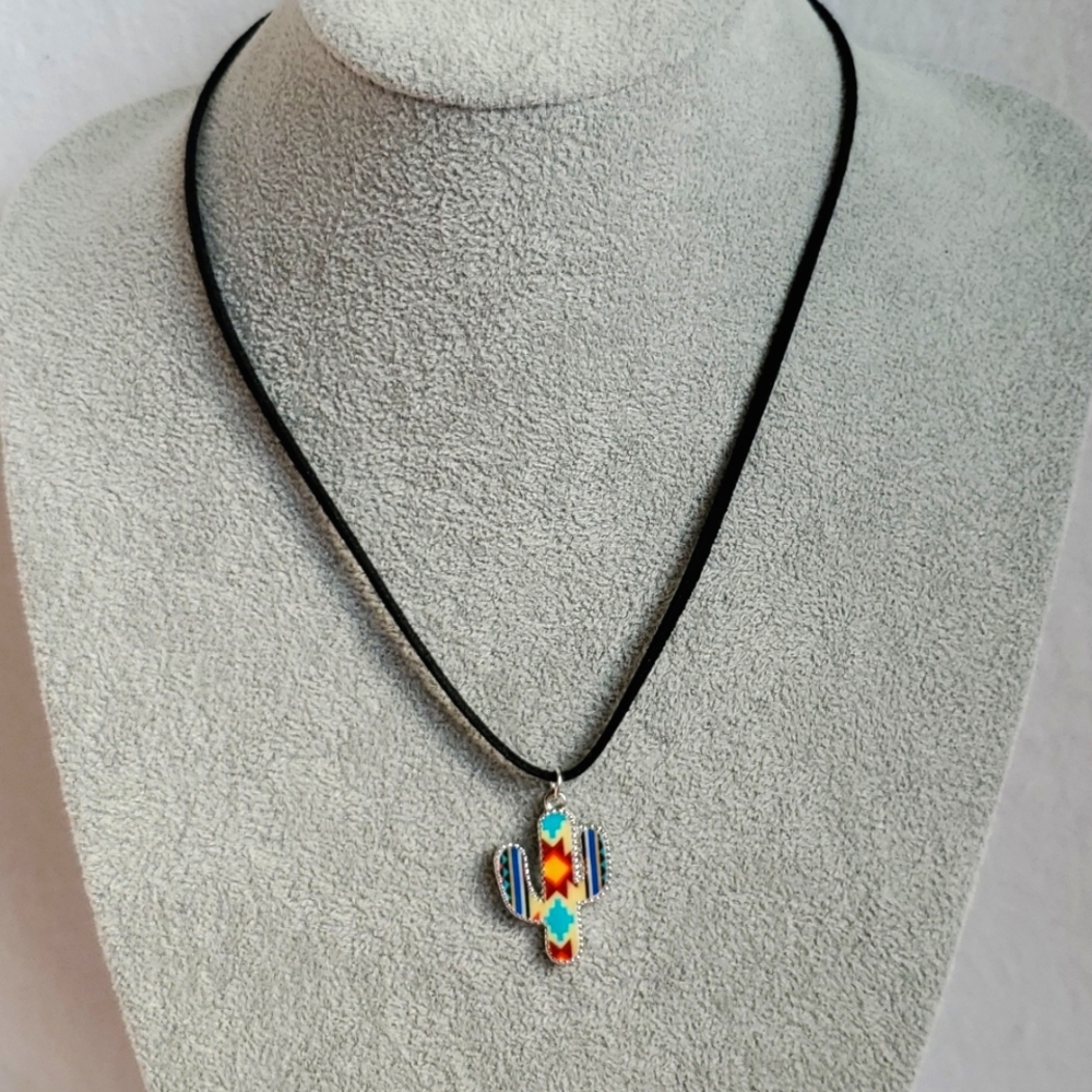 Mens Aztec print cactus charm black suede necklace